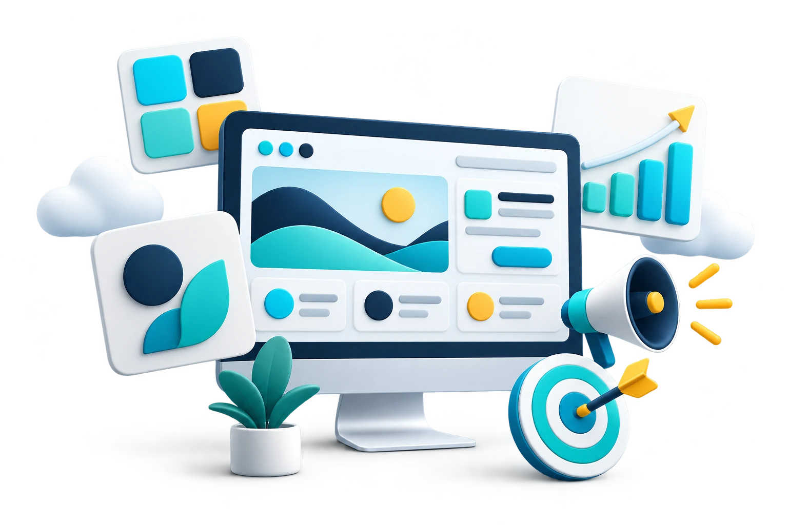 Illustration of website design, branding and digital marketing tools